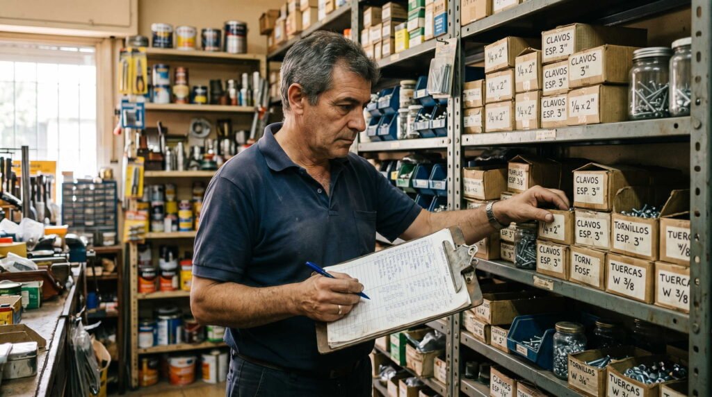 Punto de pedido ferretería: dueño de ferretería argentina revisando stock con planilla