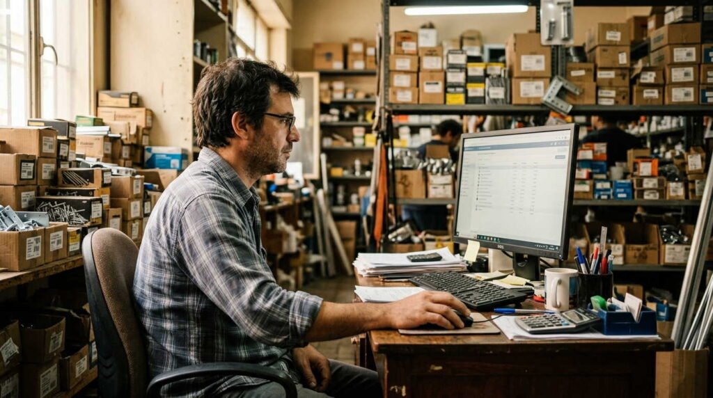 Punto de pedido ferretería: empleado configurando sistema de gestión en computadora