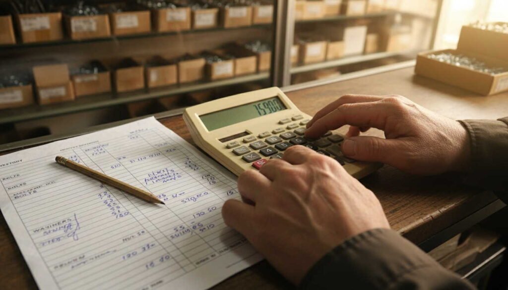 Cálculo del punto de pedido en ferretería con calculadora y planilla de inventario