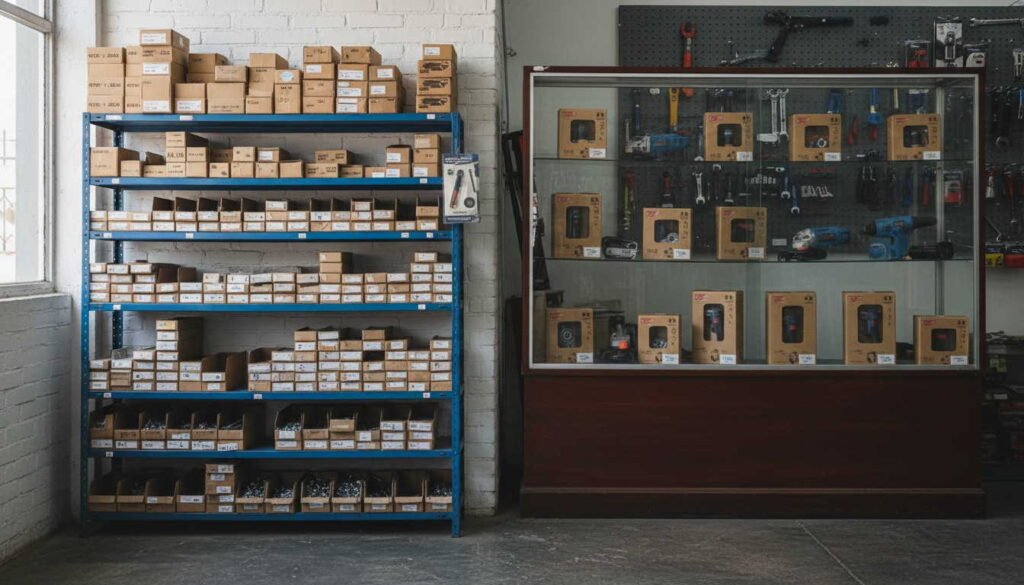 Familias críticas en ferretería: estantería de tornillos junto a vitrina de herramientas eléctricas