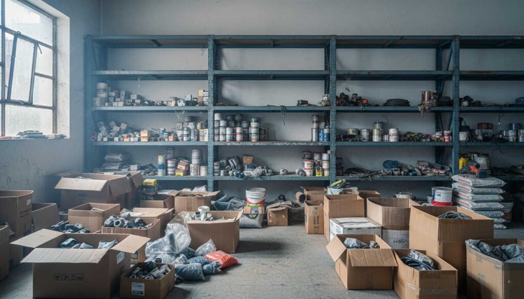 Depósito de ferretería desordenado mostrando sobrestock y quiebre simultáneos