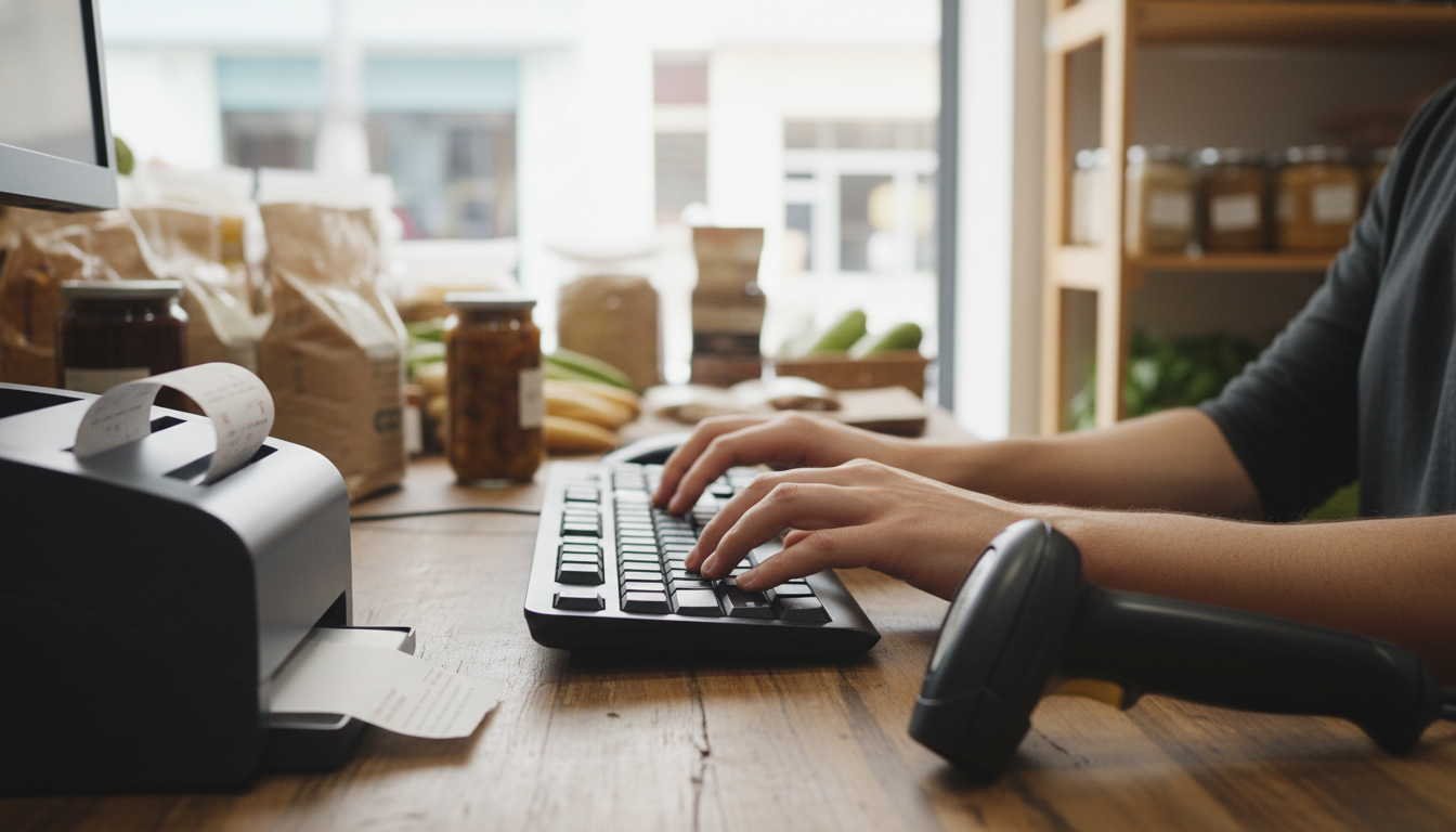 Manos cargando una venta en el punto de venta offline de un comercio