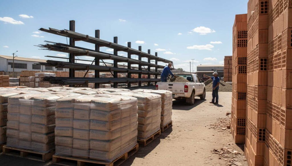 Acopio en corralón argentino con palets de cemento, rebar y ladrillos huecos