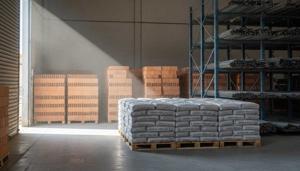 Acopio en corralón: depósito con bolsas de cemento, hierros y ladrillos huecos