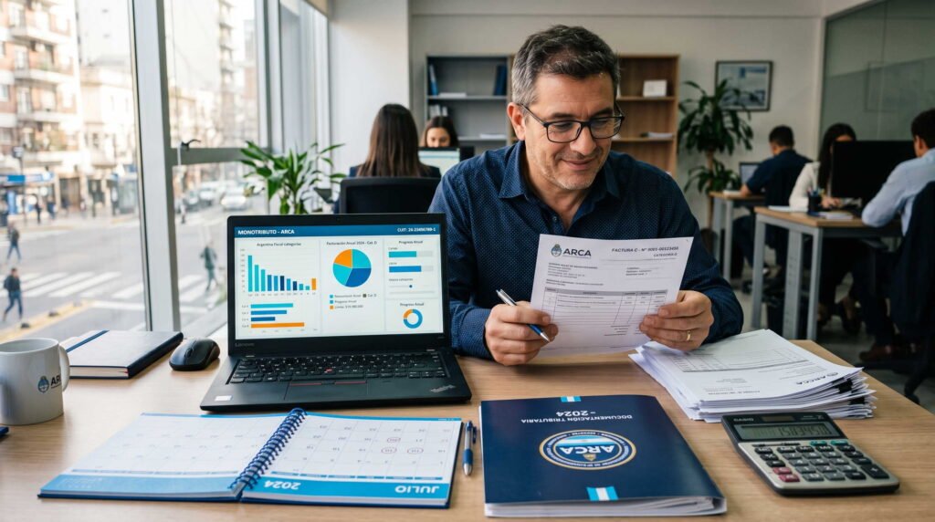 Monotributista argentino haciendo la recategorización Monotributo julio 2026 en su computadora con papeles de ARCA