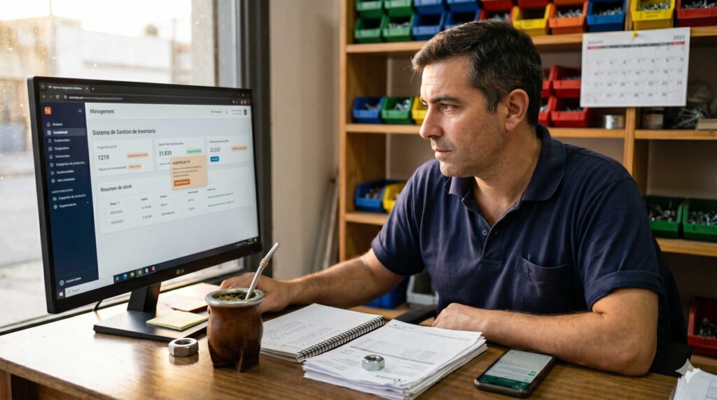 IA en software de gestión: qué funciona de verdad para una PyME argentina en 2026 2 - Líder Gestión ERP | Software de Facturación y Gestión sin Abono Mensual para PyMEs en Argentina Dueño de una ferretería argentina revisando su software de gestión con IA integrada en un monitor de escritorio, luz matutina