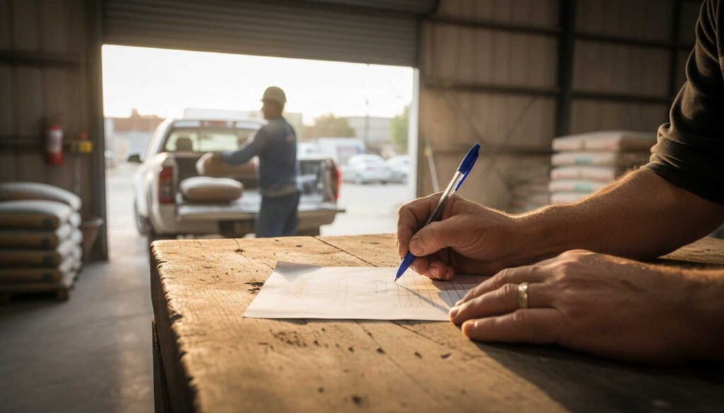 Cliente firmando remito de entrega parcial en mostrador de corralón argentino