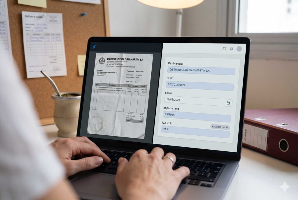 IA en software de gestión extrayendo automáticamente datos de una factura de compra escaneada en la pantalla de una laptop