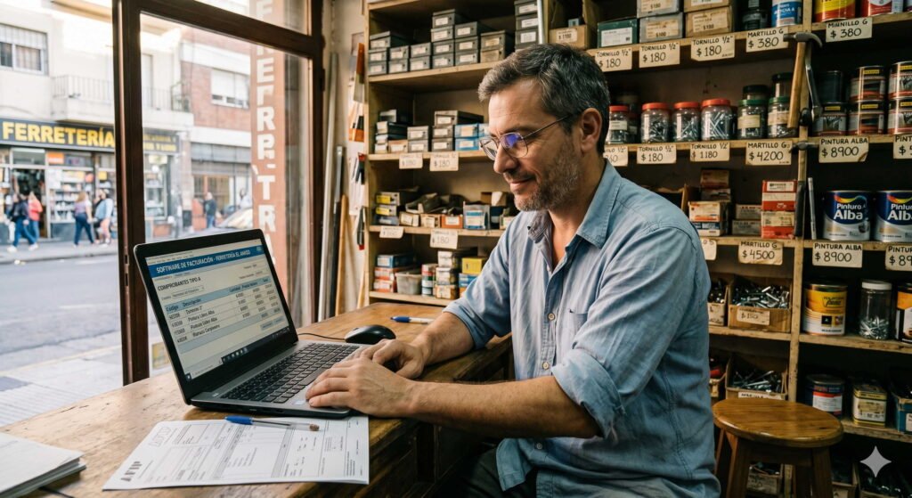 Dueño de ferretería argentina facturando con software de gestión en el mostrador — Líder Gestión