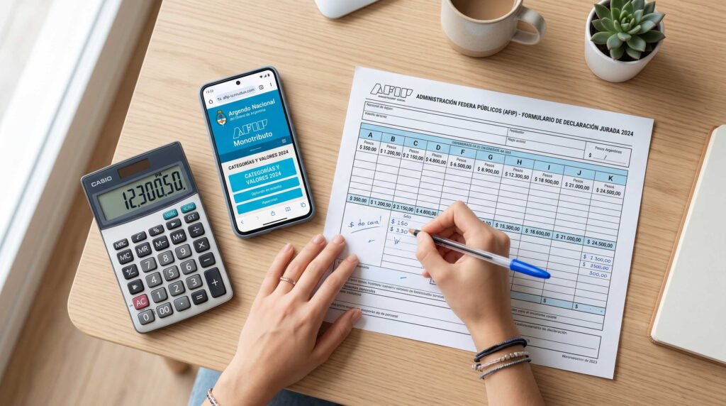 Escritorio con calculadora, formulario de categorías y celular durante la recategorización Monotributo julio 2026