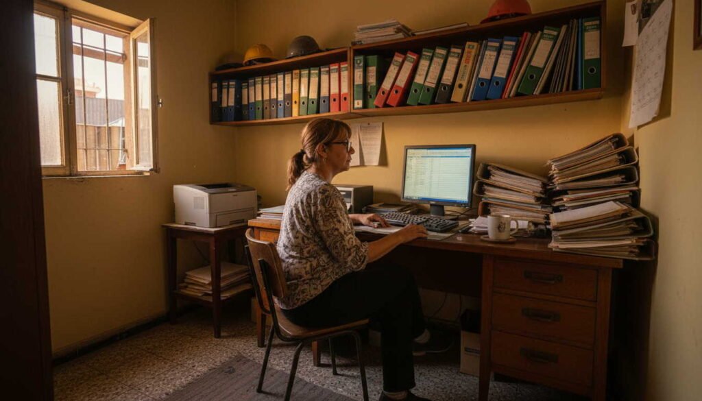 Administrativa de corralón revisando saldos de acopio en la computadora