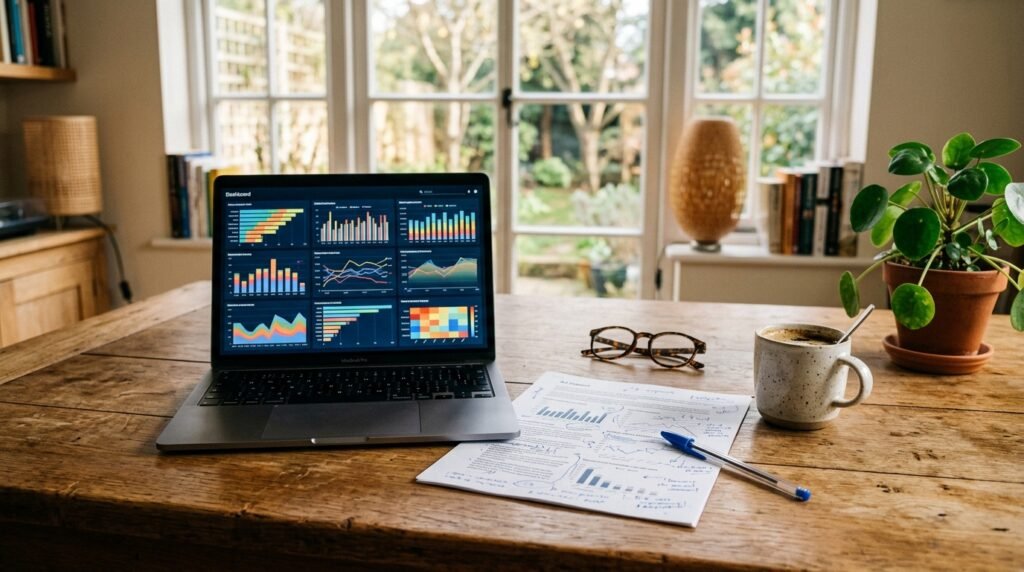 Escritorio de madera con laptop mostrando dashboard de gestión PyME, reporte con anotaciones a mano, café, anteojos y una planta junto a la ventana
