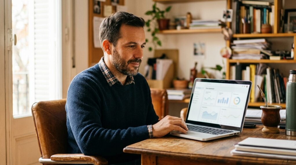 Dueño de PyME argentina trabajando en su escritorio con laptop que muestra un dashboard de gestión, junto a mate