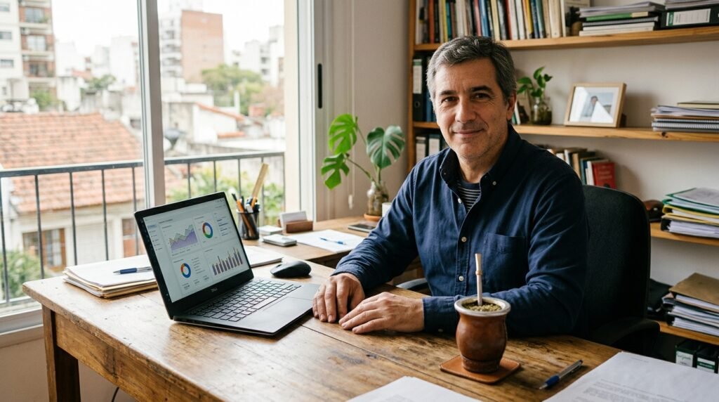 Empleada de ferretería argentina atiende a un cliente mayor desde el mostrador con un monitor de sistema de gestión visible