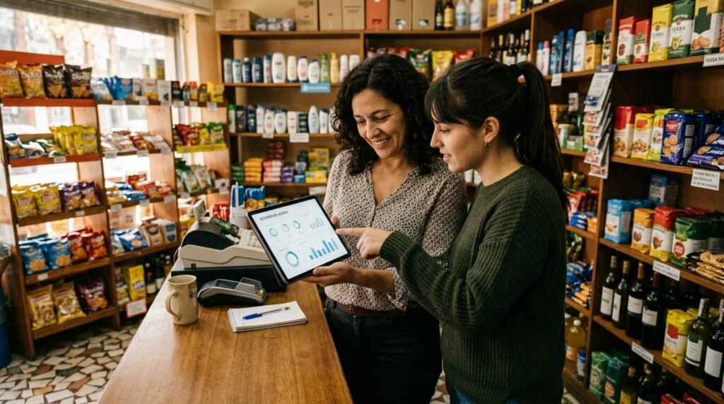 Dueña de PyME y empleada revisan juntas un tablet con datos de gestión en el mostrador de un almacén argentino