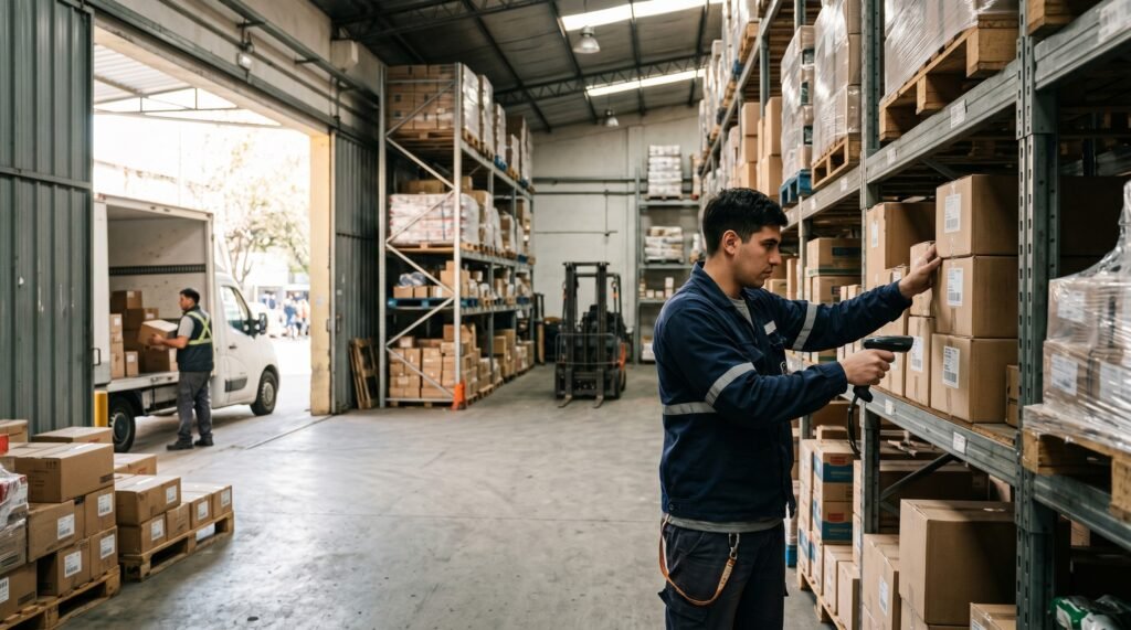 Los 10 software de gestión para distribuidoras más buscados en Argentina 1 - Líder Gestión ERP | Software de Facturación y Gestión sin Abono Mensual para PyMEs en Argentina Software para distribuidoras: depósito mayorista argentino con operario escaneando productos y camioneta de reparto
