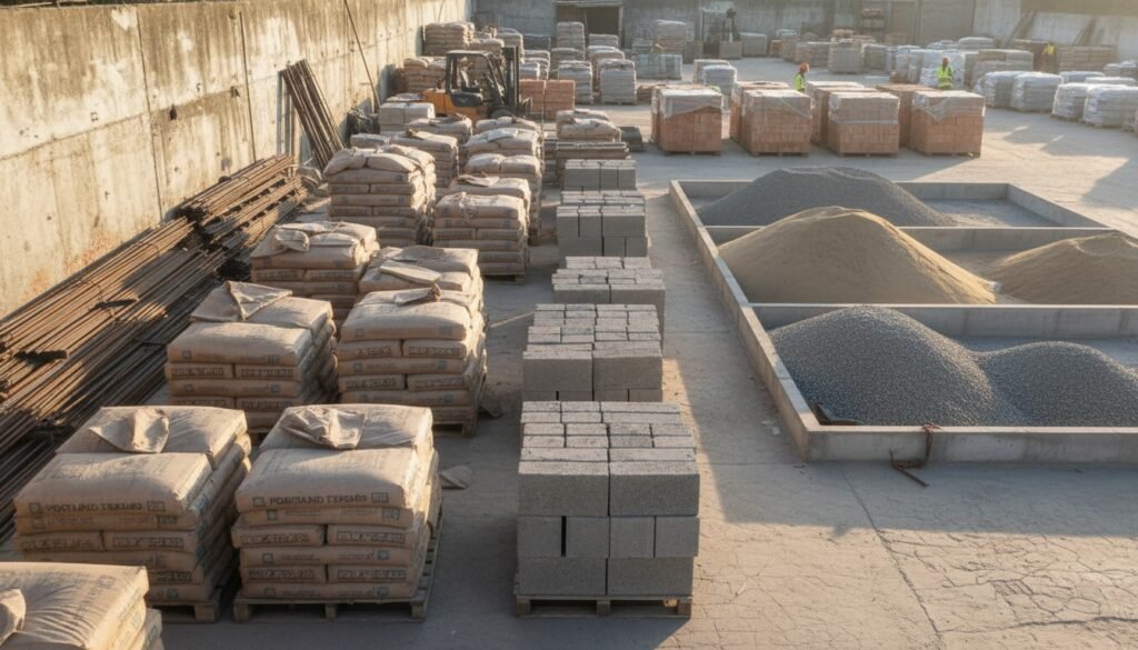 ¿Cómo deberían adaptarse los corralones en 2026? 1 - Líder Gestión ERP | Software de Facturación y Gestión sin Abono Mensual para PyMEs en Argentina Corralones 2026: patio de corralón argentino con bolsas de cemento, varillas de hierro y áridos