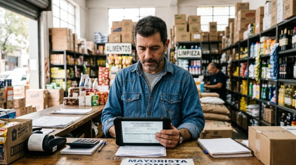CAEA: qué cambia y desde cuándo rige el CAE obligatorio 1 - Líder Gestión ERP | Software de Facturación y Gestión sin Abono Mensual para PyMEs en Argentina Comerciante de distribuidora argentina revisando una factura electrónica con el cambio de CAEA a CAE en junio 2026