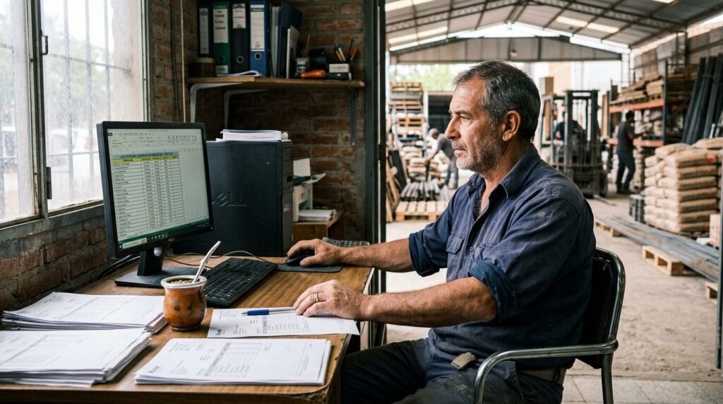 ¿Cómo deberían adaptarse los corralones en 2026? 2 - Líder Gestión ERP | Software de Facturación y Gestión sin Abono Mensual para PyMEs en Argentina Dueño de corralón argentino cargando lista de precios de proveedor en computadora