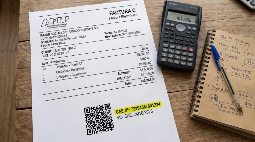 CAE y CAEA en una factura electrónica argentina: código CAE y QR resaltados en el pie del comprobante