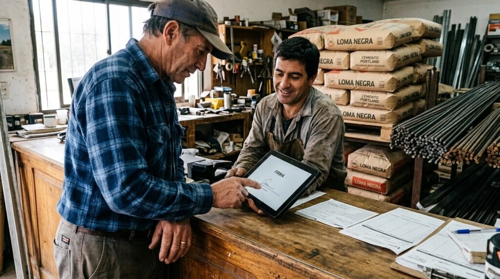 ¿Cómo deberían adaptarse los corralones en 2026? 3 - Líder Gestión ERP | Software de Facturación y Gestión sin Abono Mensual para PyMEs en Argentina Cliente de corralón firmando un remito digital en tablet con material de despacho al fondo