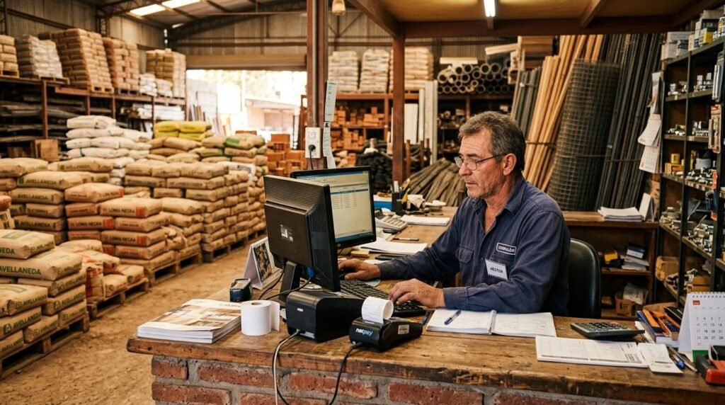 ¿Cómo deberían adaptarse los corralones en 2026? 4 - Líder Gestión ERP | Software de Facturación y Gestión sin Abono Mensual para PyMEs en Argentina Vendedor de corralón en computadora con facturación electrónica, posnet y bolsas de cemento al fondo