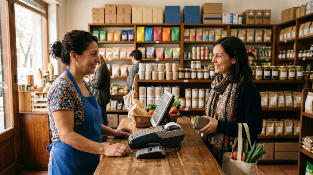 Comerciante argentina atendiendo en su local con la facturación al día tras el cambio al CAE