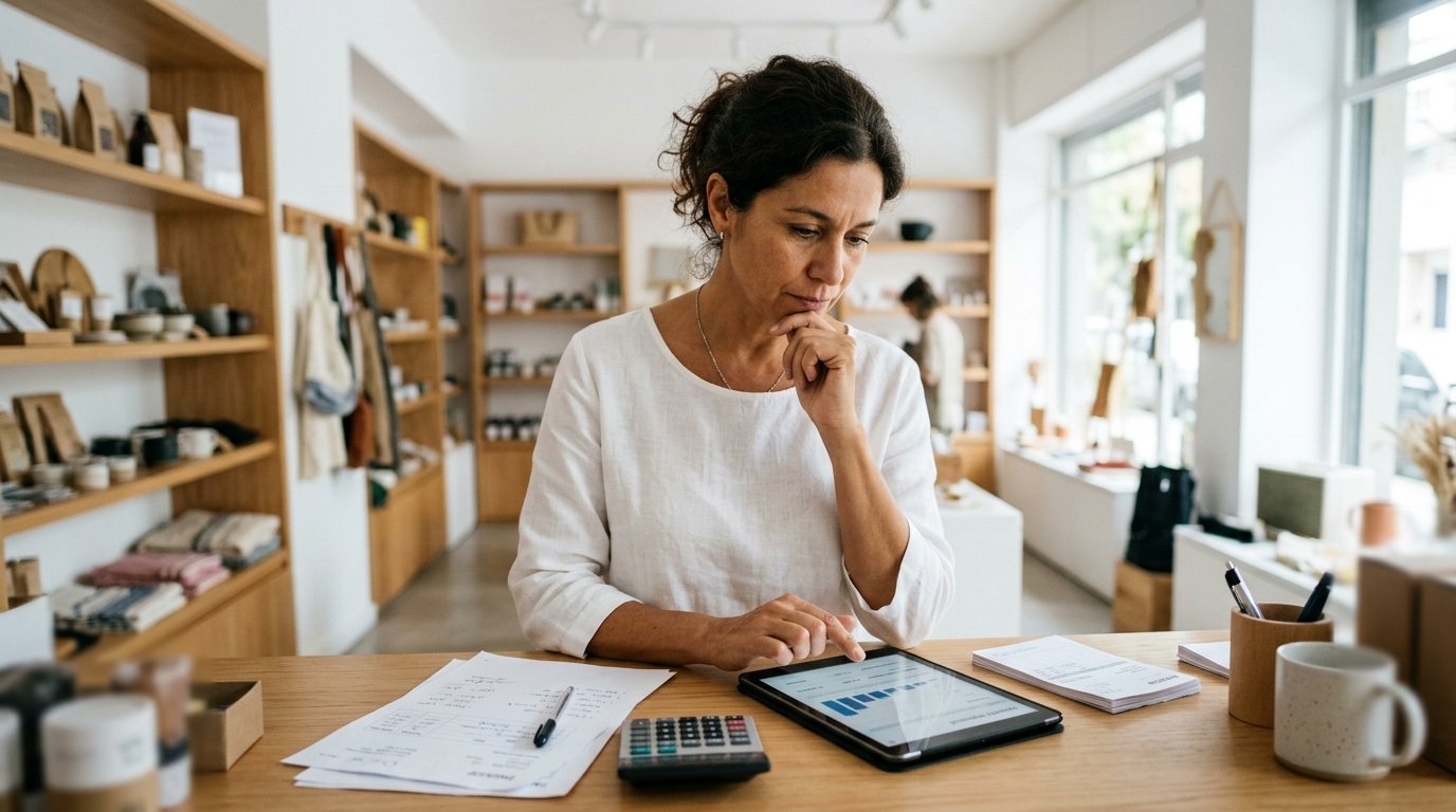 Dueña de comercio comparando opciones de software de gestión en Argentina