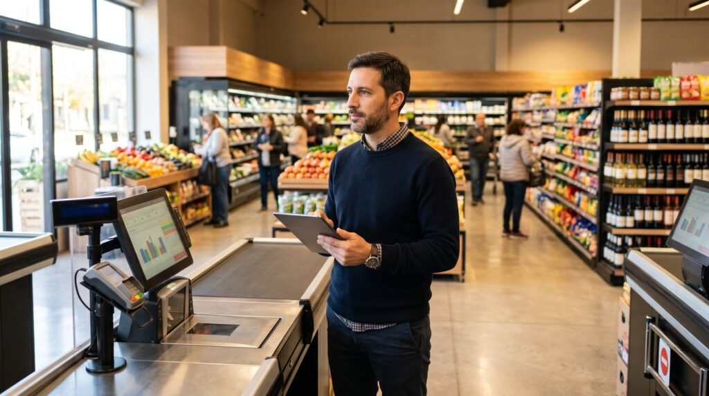 Dueño evaluando cómo elegir software para supermercado junto a la línea de cajas de su local