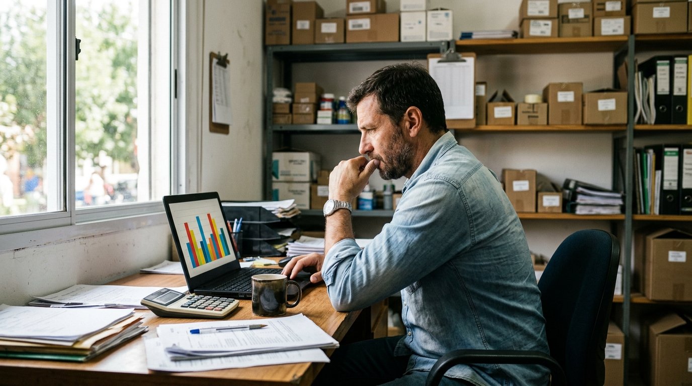 Cómo elegir software para supermercado en Argentina: guía práctica antes de invertir 2 - Líder Gestión ERP | Software de Facturación y Gestión sin Abono Mensual para PyMEs en Argentina Dueño de supermercado analizando costos de suscripción y licencia perpetua antes de invertir en un sistema