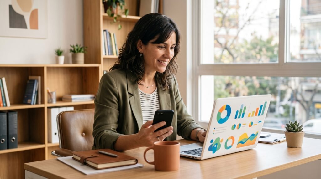Blog 2 - Líder Gestión ERP | Software de Facturación y Gestión sin Abono Mensual para PyMEs en Argentina Dueña de PyME usando la integración WhatsApp ERP desde su sistema de gestión