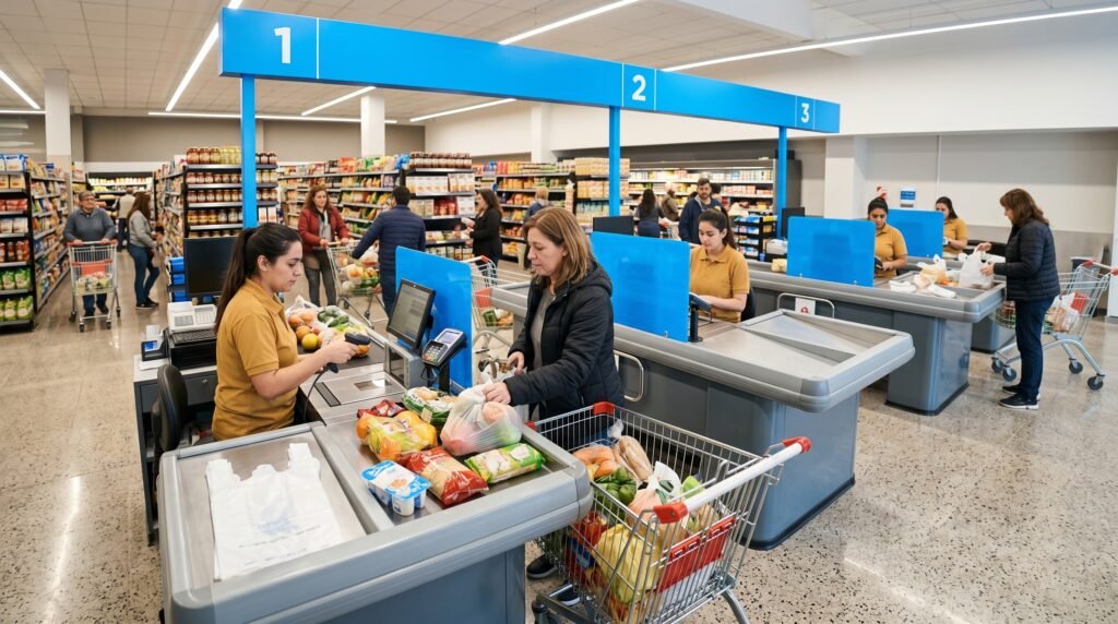 Mejor software para supermercados: línea de cajas de un supermercado argentino moderno
