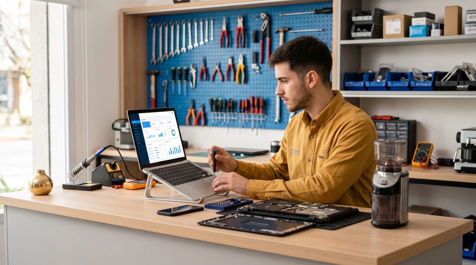 Técnico usando el módulo de servicio técnico de Líder Gestión en el mostrador de un taller de reparación