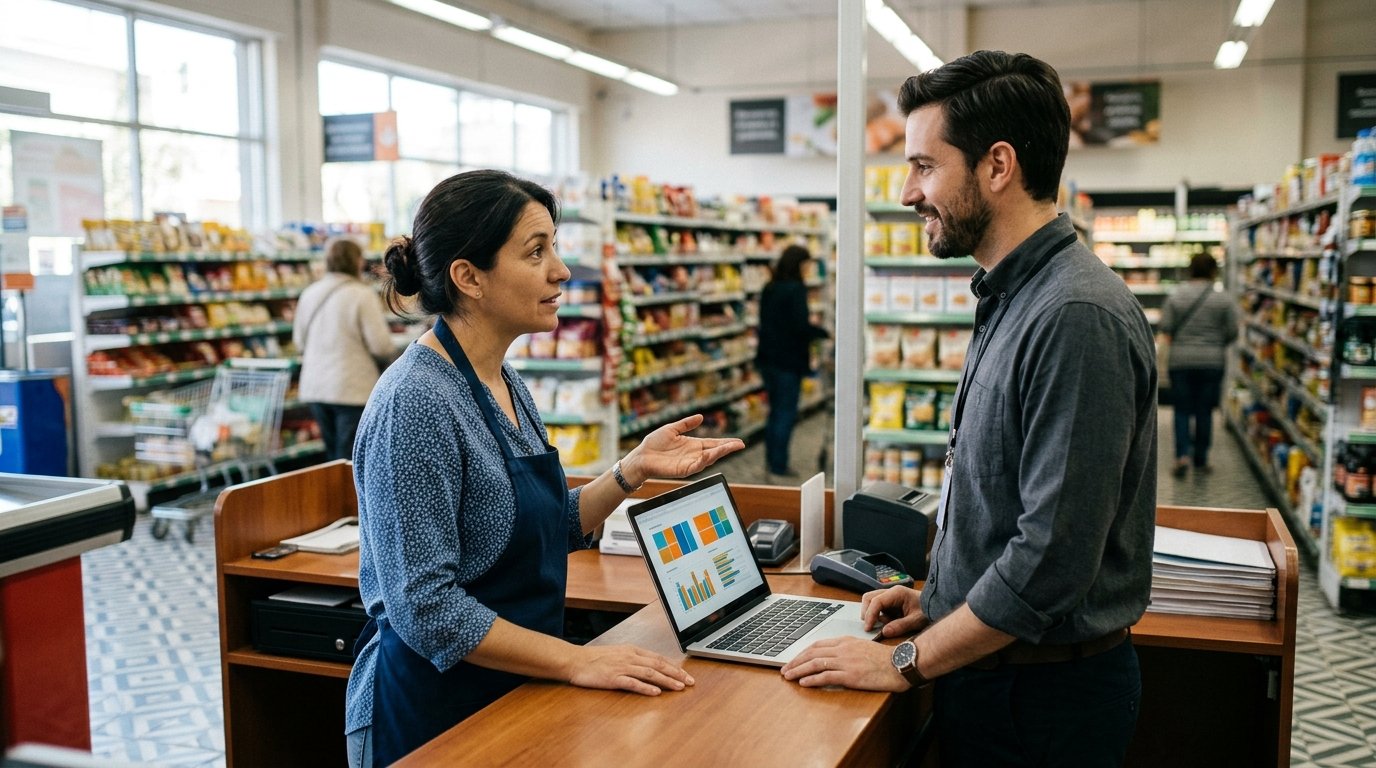 Cómo elegir software para supermercado en Argentina: guía práctica antes de invertir 3 - Líder Gestión ERP | Software de Facturación y Gestión sin Abono Mensual para PyMEs en Argentina Dueña de supermercado haciendo preguntas a un proveedor de software antes de contratar el sistema