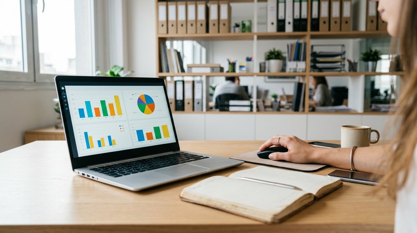 Panel de un software de gestión con gráficos de ventas y stock en una notebook