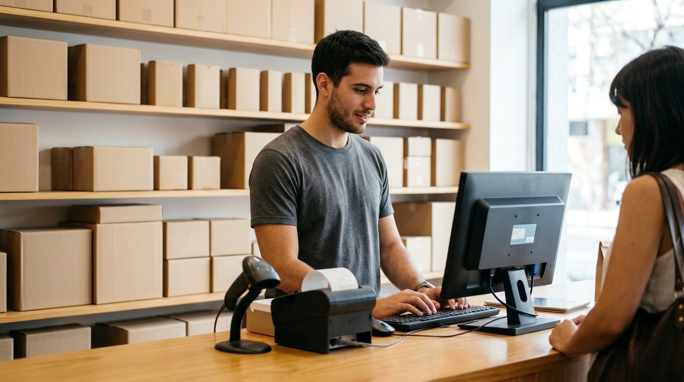 Empleado facturando en el mostrador con un software de gestión