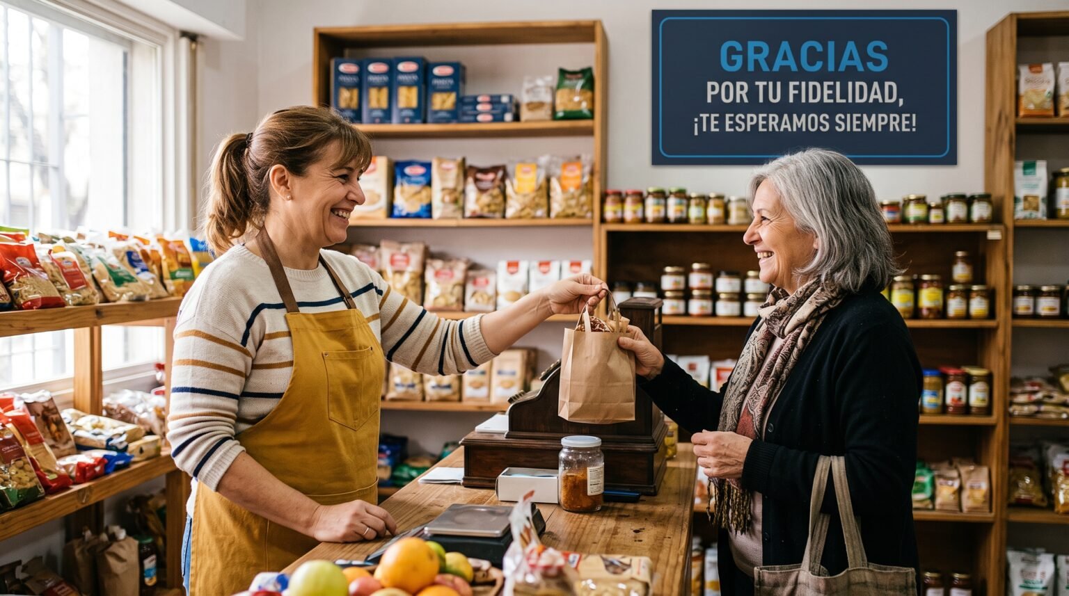 Sistema de fidelización de clientes: comerciante premiando a una clienta fiel que vuelve por sus puntos, con Líder Gestión