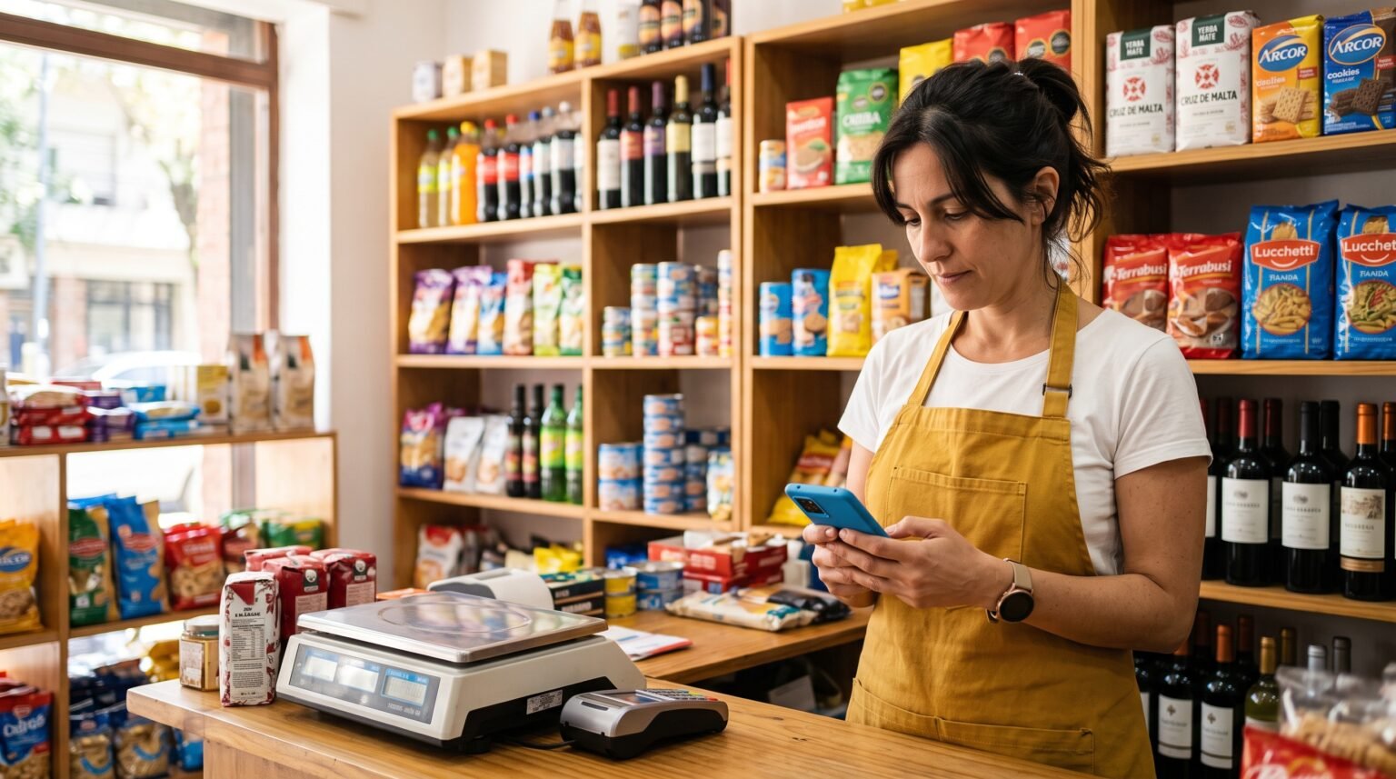 Líder Móvil 1 - Líder Gestión ERP Comerciante de almacén usando el celular para verificador de precios, venta móvil y control de stock móvil con Líder Móvil