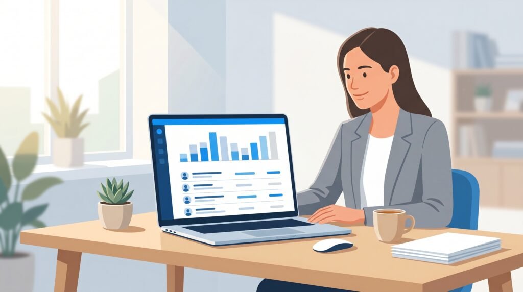 Gestión de cobranzas: cómo controlar la morosidad de tus clientes de cuenta corriente 1 - Líder Gestión ERP | Software de Facturación y Gestión sin Abono Mensual para PyMEs en Argentina Dueña de PyME revisando la gestión de cobranzas y la cuenta corriente de sus clientes en un tablero