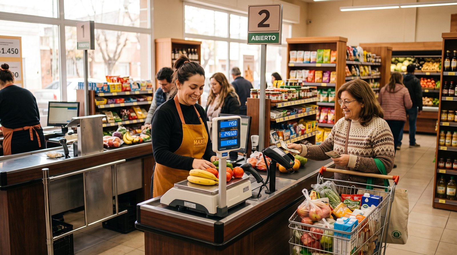 Software con balanza integrada 1 - Líder Gestión ERP Cajera pesando frutas y verduras en la balanza de la caja de un supermercado, integrada al punto de venta - Líder Gestión