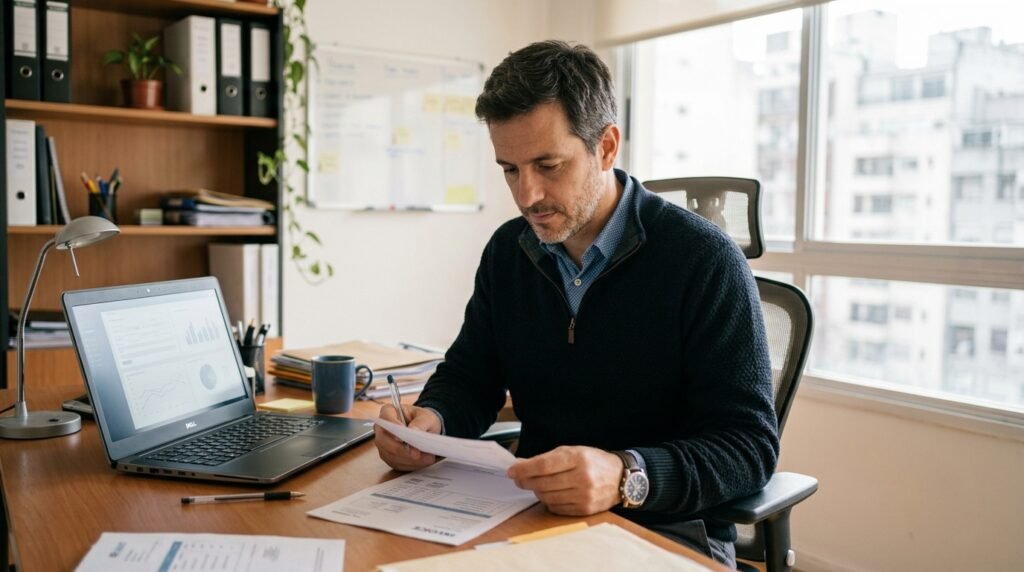 Constancia de CAE: qué es y cómo obtenerla en ARCA (guía 2026) 5 - Líder Gestión ERP Constancia de CAE: contador revisando el código de autorización de una factura electrónica