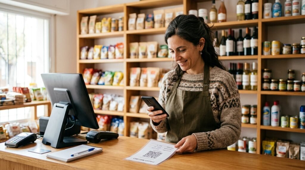 Comerciante constatando el CAE de un comprobante con el código QR desde el celular