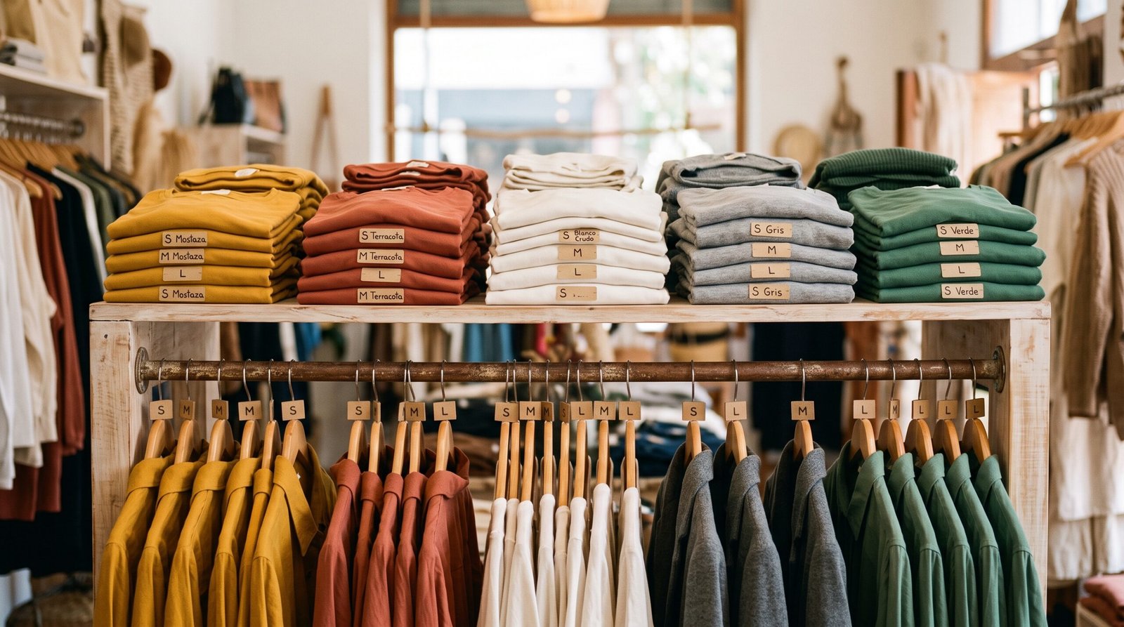 Stock por talle y color: prendas ordenadas por talle y color en una tienda de indumentaria - Líder Gestión