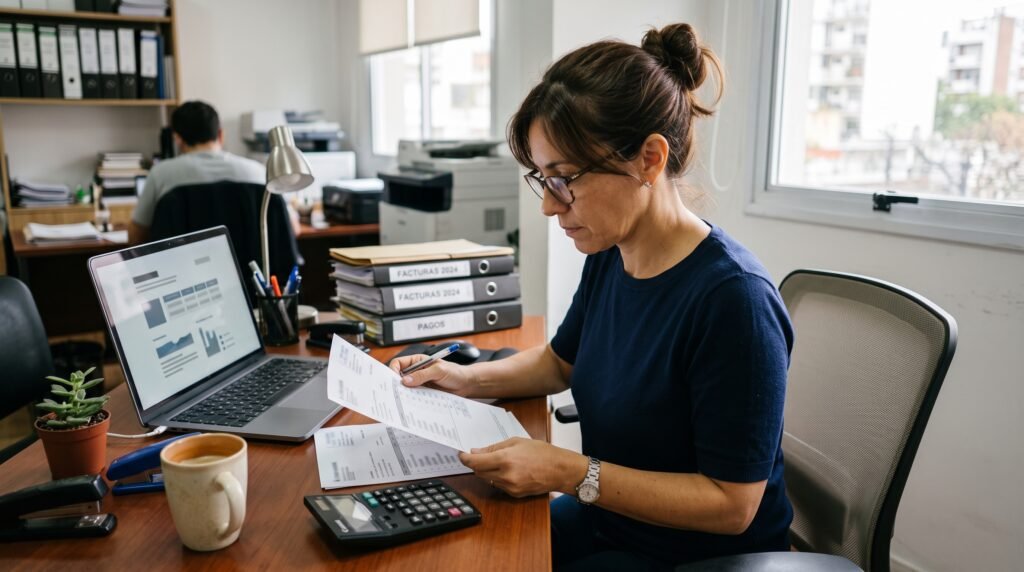 Blog 7 - Líder Gestión ERP Nota de crédito: administrativa de PyME argentina revisando una factura para corregirla