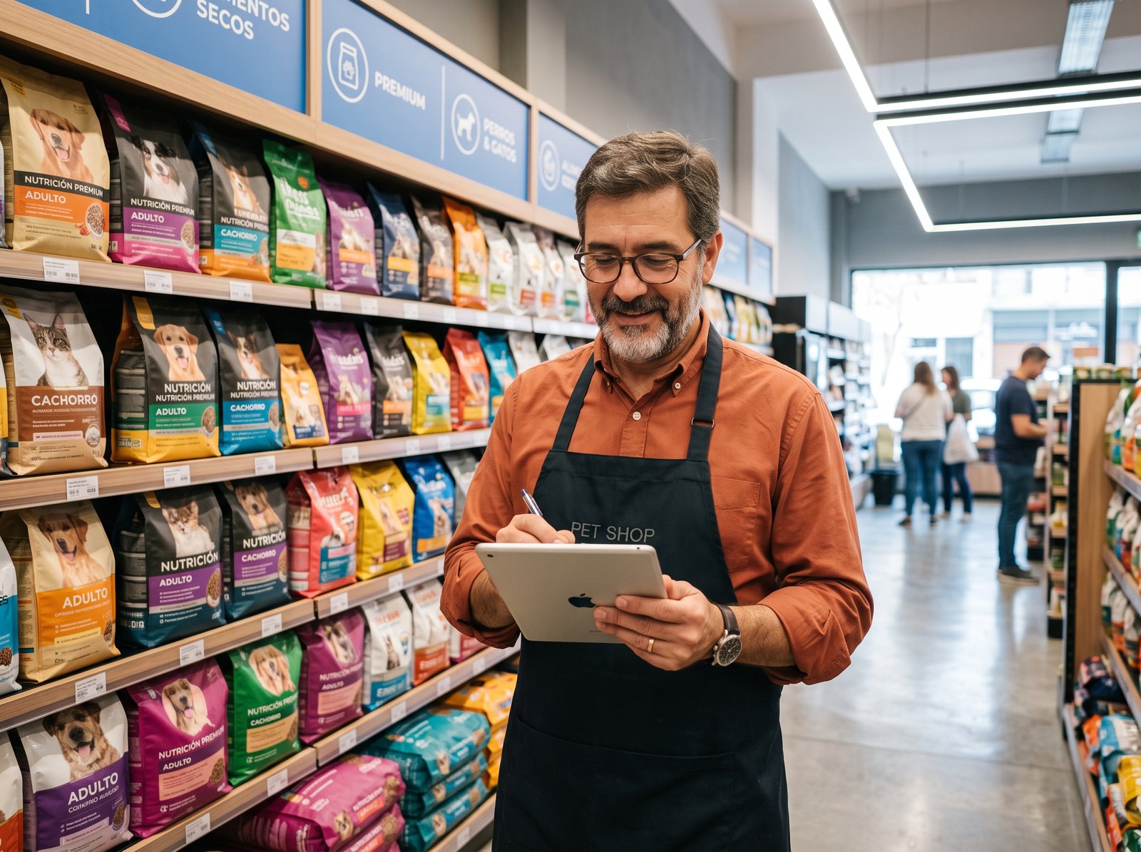 Software para PetShops en Argentina | Líder Gestión 3 - Líder Gestión ERP Persona utilizando una tablet con iconos digitales que representan compras y reposición automatizada en el ERP Líder Gestión
