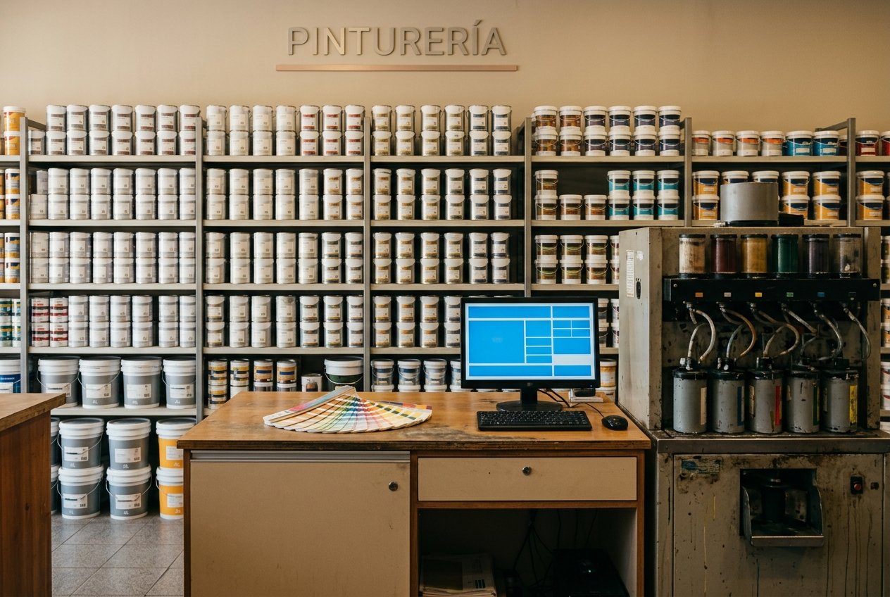 Pinturería: mostrador con latas de pintura y sistema de gestión Líder Gestión