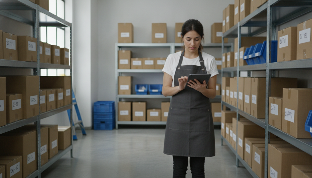Blog 3 - Líder Gestión ERP Comerciante controlando el stock con una tablet en un depósito ordenado