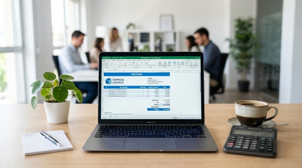 Blog 7 - Líder Gestión ERP Plantilla de factura en Excel abierta en laptop lista para imprimir