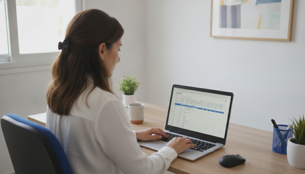 Plantilla de presupuesto en Excel gratis para descargar (y cómo hacer uno bien) 3 - Líder Gestión ERP Comerciante revisando una plantilla de presupuesto en Excel en la laptop