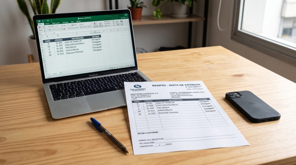 Blog 5 - Líder Gestión ERP Remito impreso sobre mesa de oficina con bolígrafo y notebook mostrando plantilla de Excel